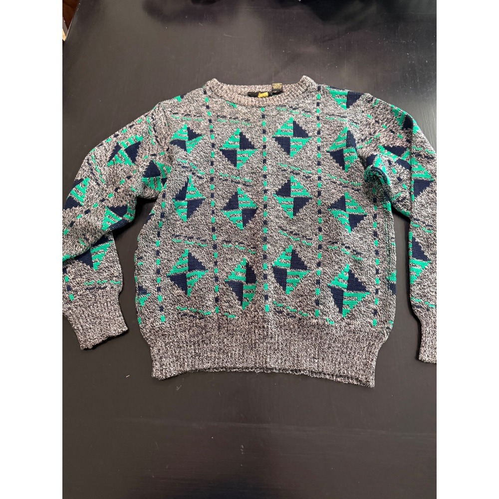 Vintage Van Cort Mens Small Geometric Knit Sweater Grey Teal Acrylic Crewneck